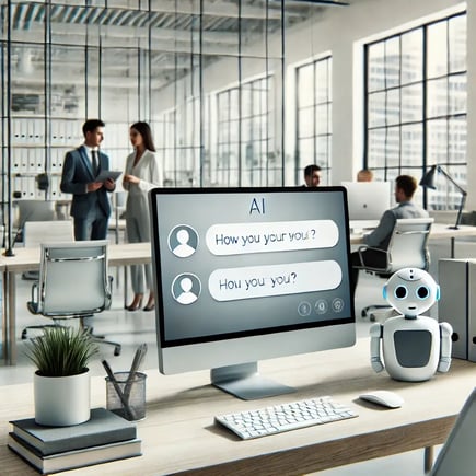 DALL·E 2024-10-03 19.32.28 - A minimalist, modern office setting where a sleek AI chatbot interface is displayed on a computer screen. The interface is simple, with a conversation