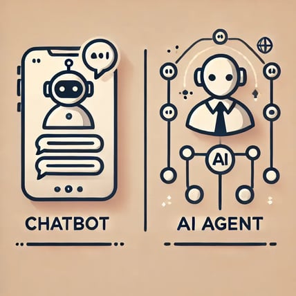 DALL·E 2024-10-08 14.33.29 - A minimalistic design comparing AI chatbots and AI agents. On the left, show a simple chatbot icon on a screen with 1-2 conversation bubbles, symboliz